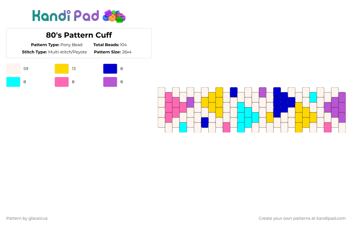 80\'s Pattern Cuff - Pony Bead Pattern by glaceicus on Kandi Pad - white,yellow,pink,cotd80svibe,80s,nostalgia,colorful,purple,blue