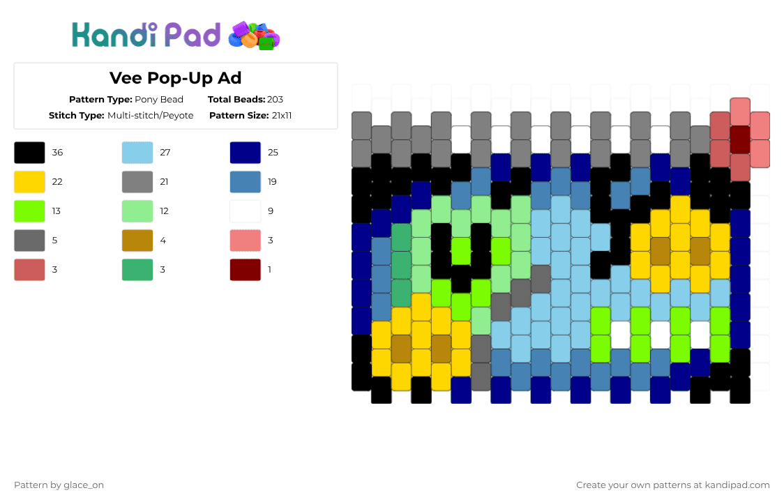 Vee Pop-Up Ad - Pony Bead Pattern by glaceicus on Kandi Pad - gray,blue,yellow,green,colorful,vee,dandysworld,glitch,popup,ad,veev1,v1