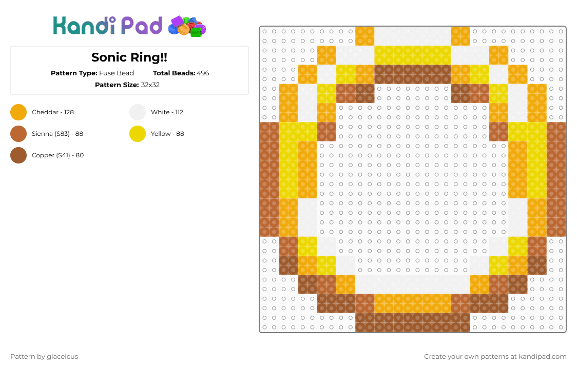 Sonic Ring!! - Fuse Bead Pattern by glaceicus on Kandi Pad - tan,orange,sonic,sth,ring,gold,yellow,sonic the hedgehog,video game,game