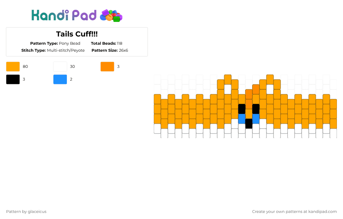 Tails Cuff!!! - Pony Bead Pattern by glaceicus on Kandi Pad - fox, miles, miles tails prower, orange, sonic, sth, tail, white, yellow