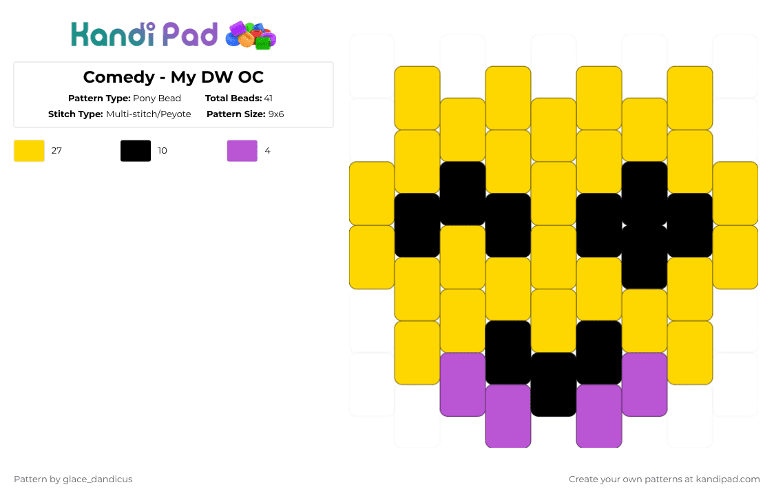 Comedy - My DW OC - Pony Bead Pattern by glaceicus on Kandi Pad - yellow,comedy,ticket,dandysworld,oc,purple,theater,si