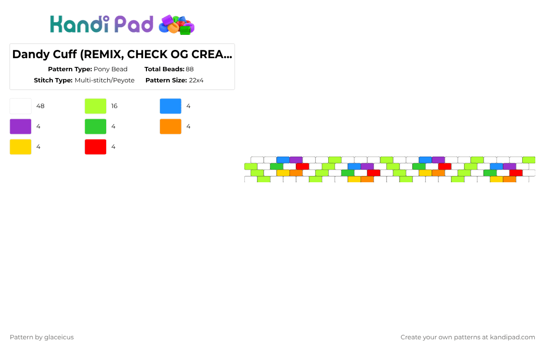 Dandy Cuff (REMIX, CHECK OG CREATOR) - Pony Bead Pattern by glaceicus on Kandi Pad - white,green