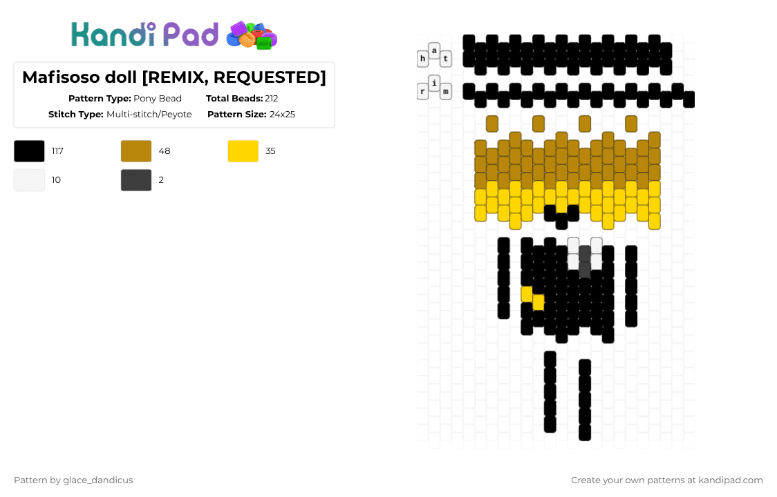 Mafisoso doll [REMIX, REQUESTED] - Pony Bead Pattern by glaceicus on Kandi Pad - black,yellow,gold,forsaken,mafioso,c00lkidd,white