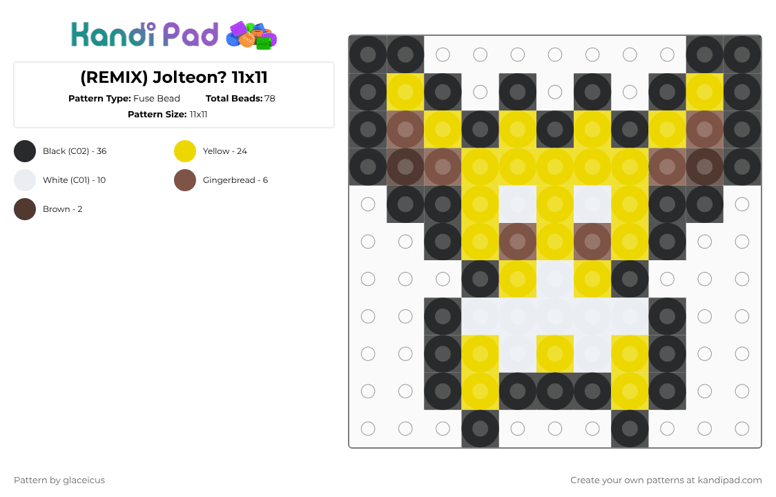(REMIX) Jolteon? 11x11 - Fuse Bead Pattern by glaceicus on Kandi Pad - yellow,jolteon,jolt,pokemon,electric type,eeveelution