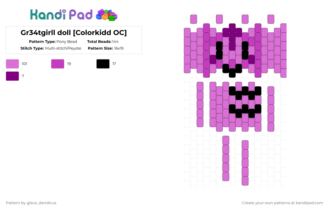 Gr34tgirll doll [Colorkidd OC] - Pony Bead Pattern by glaceicus on Kandi Pad - pink,purple,oc,colorkidd,c00lkidds,gr34tgirll,diamond,doll