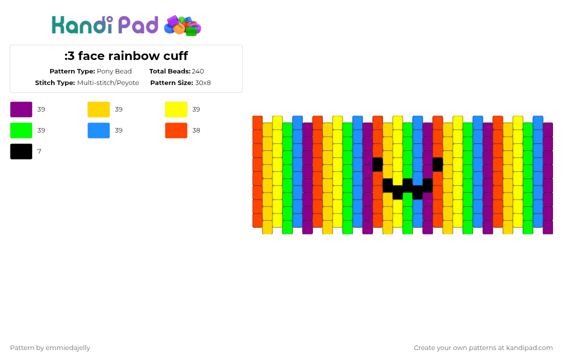 :3 face rainbow cuff - Pony Bead Pattern by emmiedajelly on Kandi Pad - yellow,cute,cuff,peyote,rainbow,3