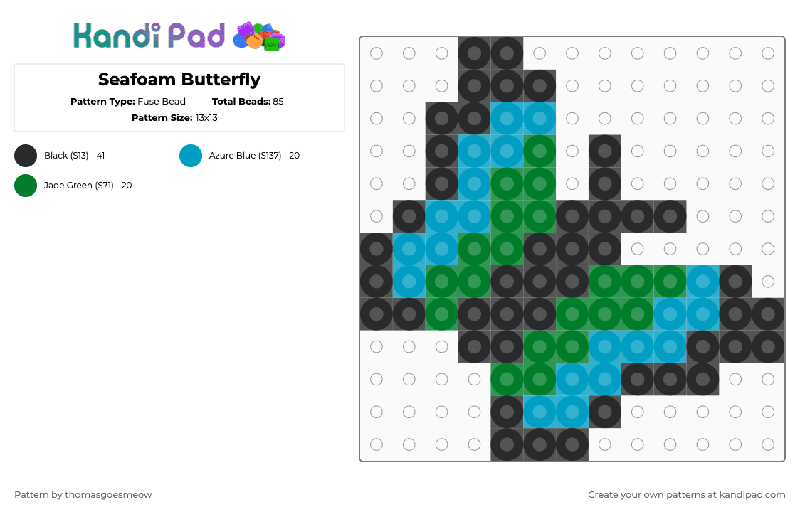 Seafoam Butterfly - Fuse Bead Pattern by tomluvsshark on Kandi Pad - light blue,green,seafoam butterfly,seafoam