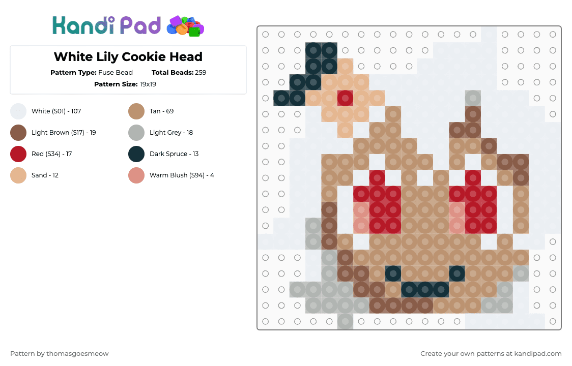 White Lily Cookie Head - Fuse Bead Pattern by tomluvsshark on Kandi Pad - beige,white lily cookie,wlc,crk,cookie run kingdom,cookies