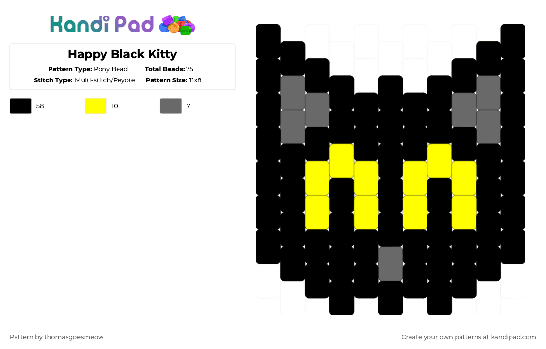 Happy Black Kitty - Pony Bead Pattern by tomluvsshark on Kandi Pad - animal,black cat,happy,charm,head,black,gray,yellow,cat,blackcat,kitty,kitten,black kitten,black kitty,happy cat