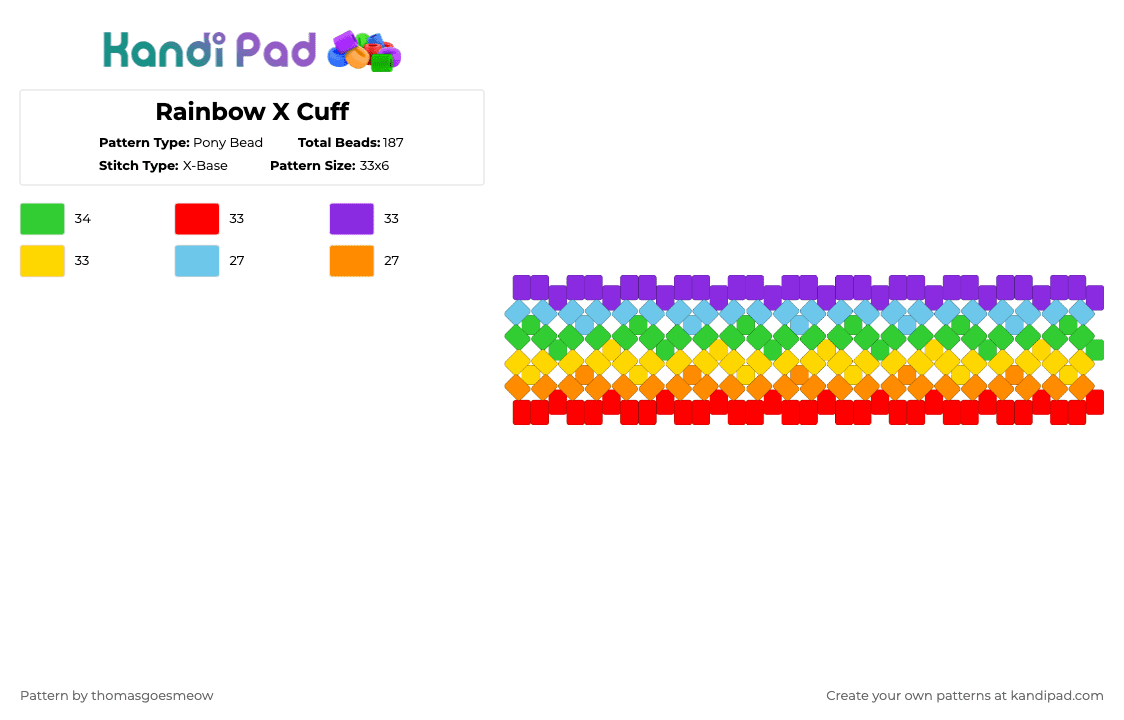 Rainbow X Cuff - Pony Bead Pattern by tomluvsshark on Kandi Pad - red,purple,yellow,green,rainbow,pride,gay,x base,multicoloured,rainbows,lgbtq