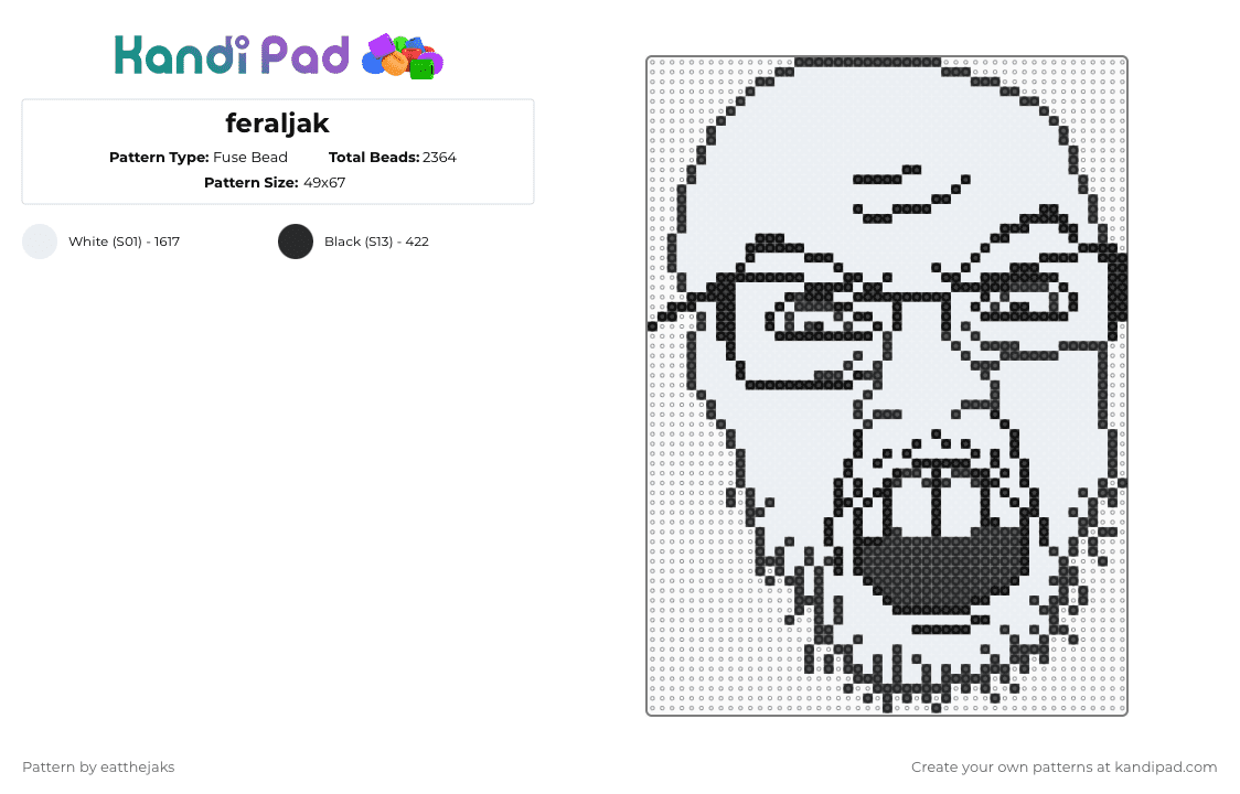 feraljak - Fuse Bead Pattern by eatthejaks on Kandi Pad - black,white,feraljak,soyjak,meme,eatthebugs,funny,scary,wojak,incel
