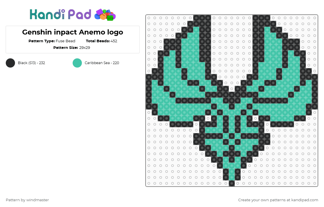 Genshin inpact Anemo logo - Fuse Bead Pattern by windmaster on Kandi Pad - black,teal,genshin inpact,anemo,anime,game,video game,logo