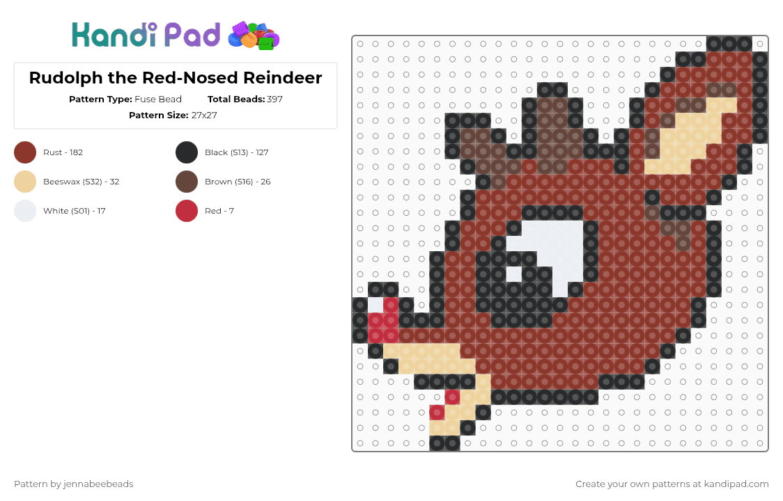 Rudolph the Red-Nosed Reindeer - Fuse Bead Pattern by jennabeebeads on Kandi Pad - red,rudolph,christmas,reindeer,holiday,movie