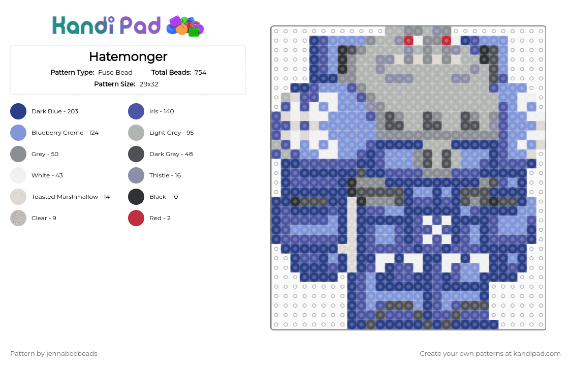 Hatemonger - Fuse Bead Pattern by jennabeebeads on Kandi Pad - blue,purple,beige,colorful,space king,gray,flashgitz,funny,fantasy,hatemonger