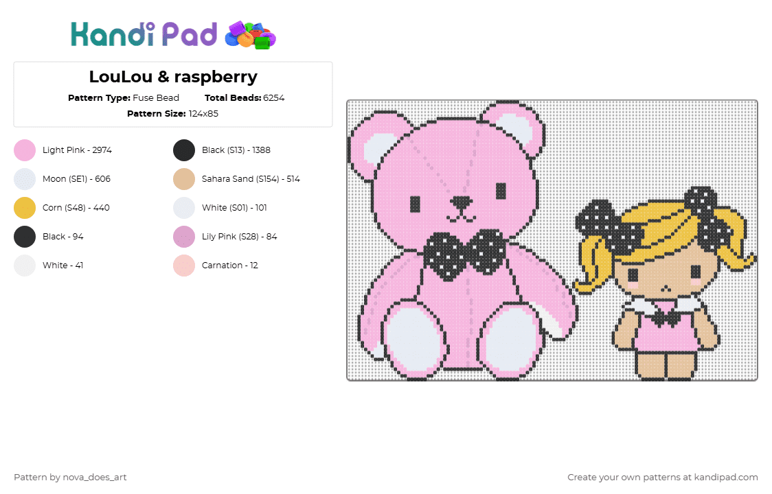 LouLou & raspberry - Fuse Bead Pattern by nova_does_art on Kandi Pad - pink,cute,doll,teddy,bear,animal,bows