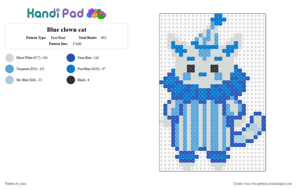 Blue clown cat - Fuse Bead Pattern by juno on Kandi Pad - blue,light blue