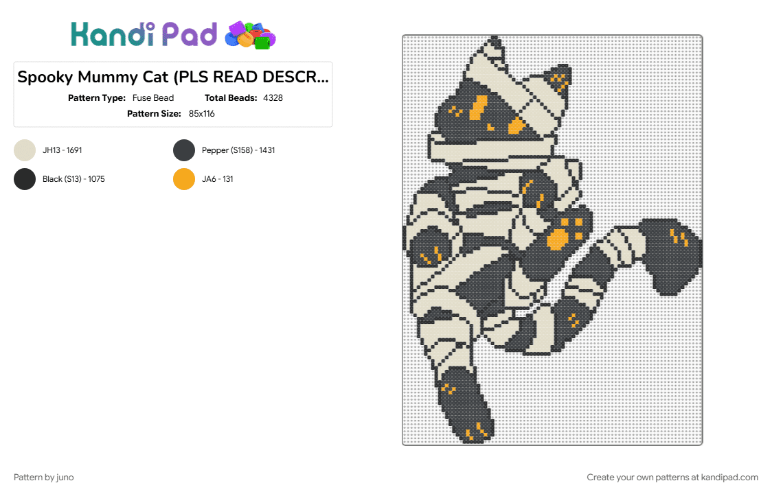 Spooky Mummy Cat (PLS READ DESCRIPTION) - Fuse Bead Pattern by juno on Kandi Pad - 