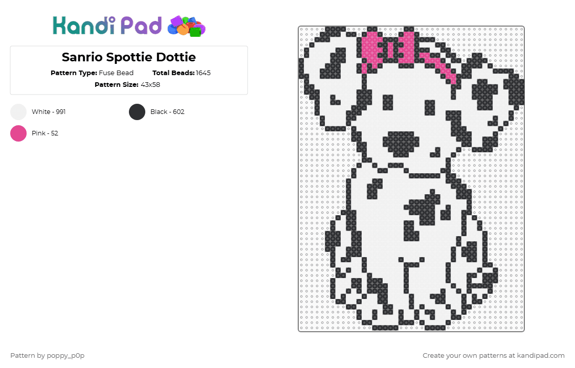 Sanrio Spottie Dottie - Fuse Bead Pattern by nova_does_art on Kandi Pad - white,spottie dottie,dog,sanrio,hello kitty,dalmatian,puppy