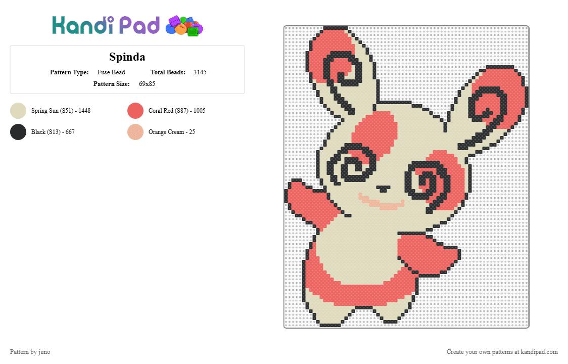 Spinda - Fuse Bead Pattern by juno on Kandi Pad - animal, beige, bunny, cute, pokmon, red, spinda, spiral, yellow