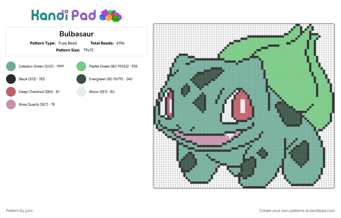 Bulbasaur - Fuse Bead Pattern by juno on Kandi Pad - bulbasaur, character, gaming, green, plant, pokemon, teal, video game