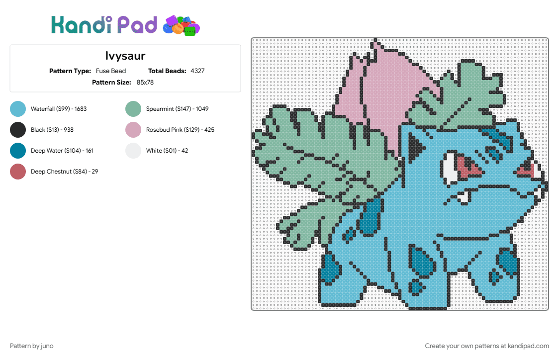 Ivysaur - Fuse Bead Pattern by juno on Kandi Pad - animal, flower, game, green, ivysaur, plant, pokemon, video game