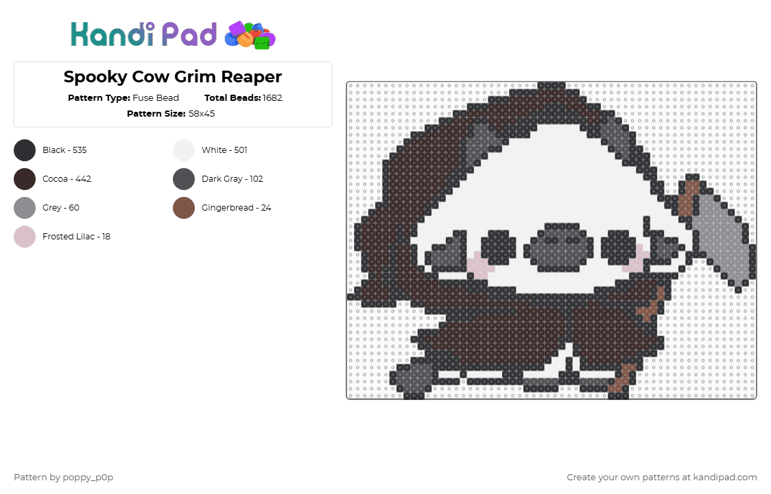 Spooky Cow Grim Reaper - Fuse Bead Pattern by nova_does_art on Kandi Pad - gray,brown,cow,cute,spooky,halloween,grim reaper