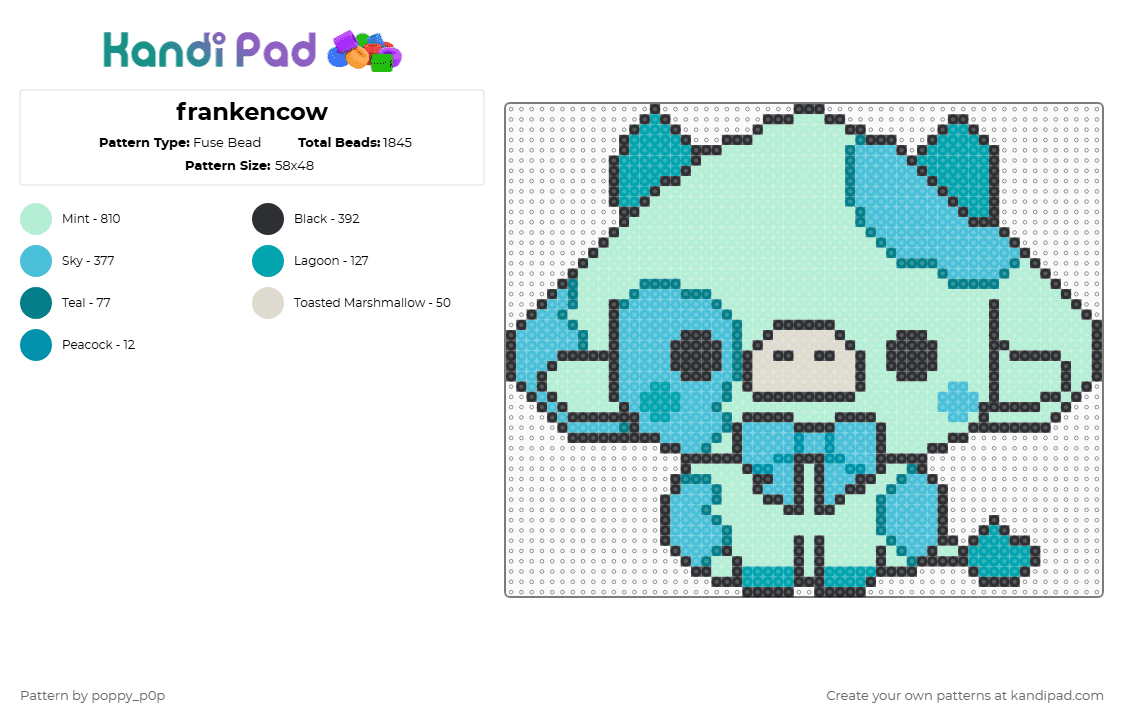 frankencow - Fuse Bead Pattern by nova_does_art on Kandi Pad - light blue,cow,cute,spooky,frankenstein,halloween