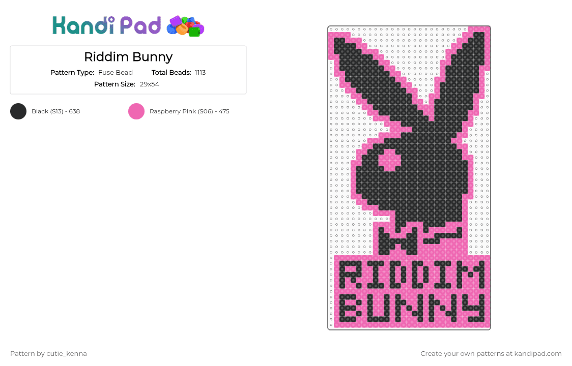 Riddim Bunny - Fuse Bead Pattern by cutie_kenna on Kandi Pad - riddim,playboy,bunny,music,edm,black,pink
