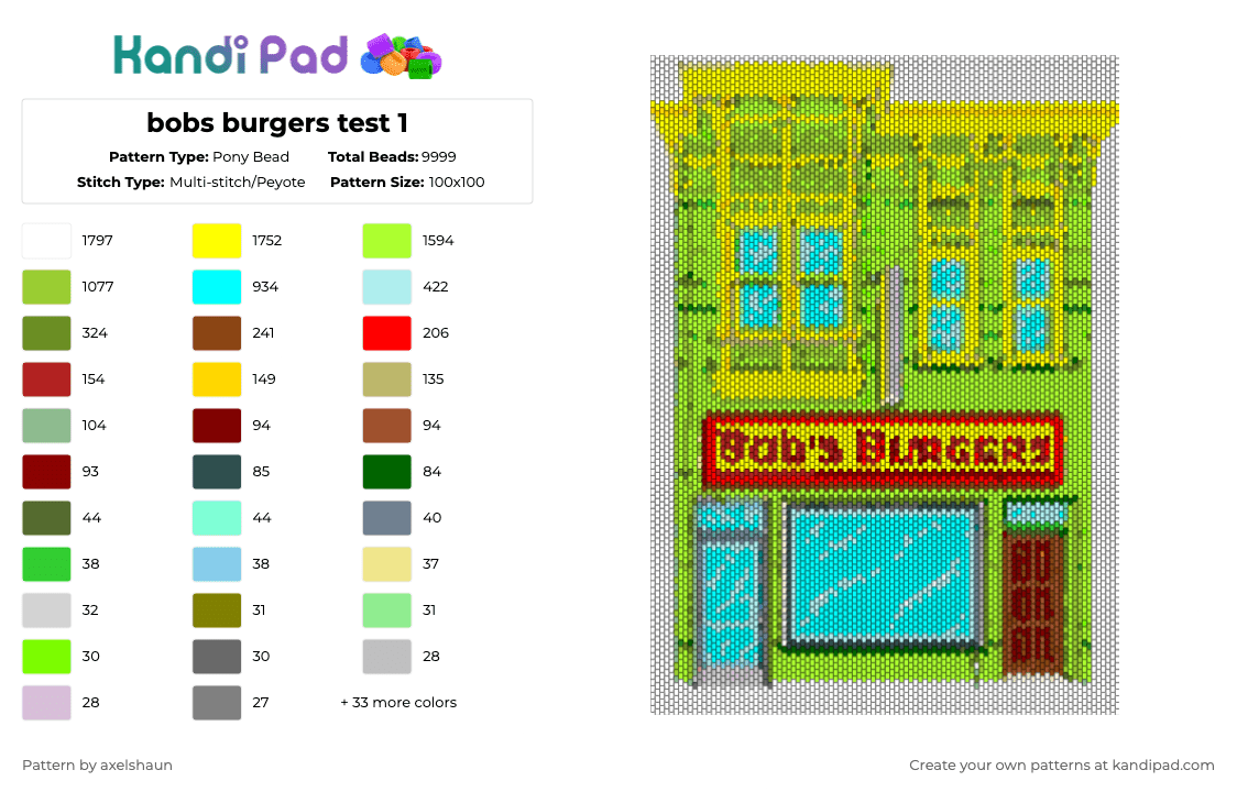 bobs burgers test 1 - Pony Bead Pattern by axelshaun on Kandi Pad - green, light blue, red, yellow