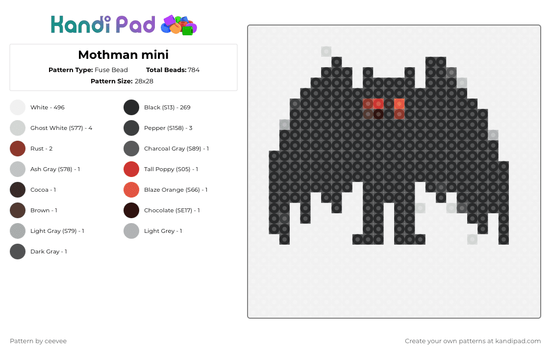 Mothman mini - Fuse Bead Pattern by ceevee on Kandi Pad - white,gray,red,brown