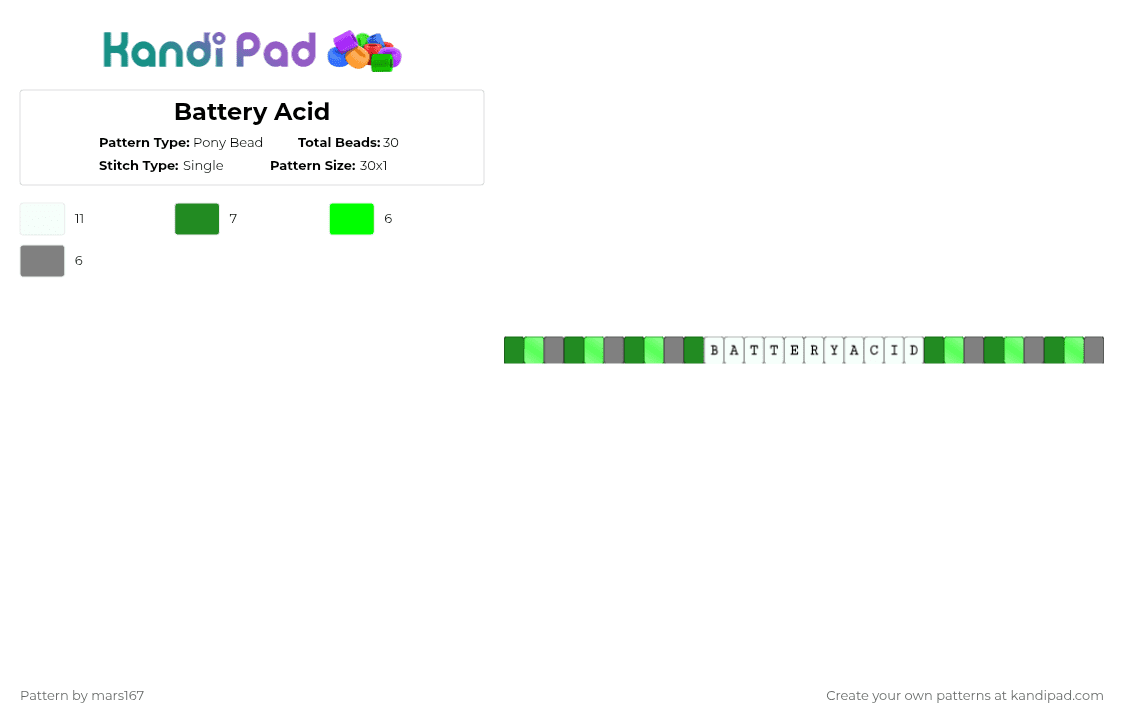 Battery Acid - Pony Bead Pattern by mars167 on Kandi Pad - green,gray,single,simple,silly,bracelet