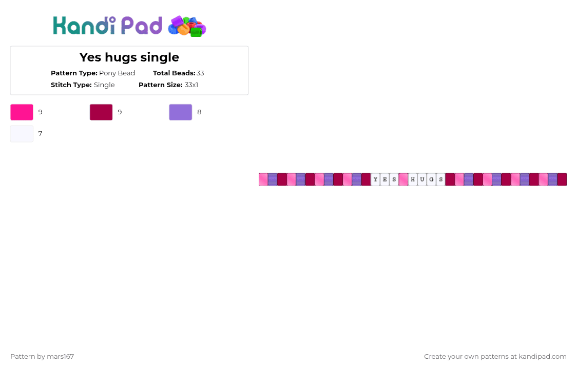 Yes hugs single - Pony Bead Pattern by mars167 on Kandi Pad - pink,purple,magenta,simple,single,bracelet,whimsy,fun