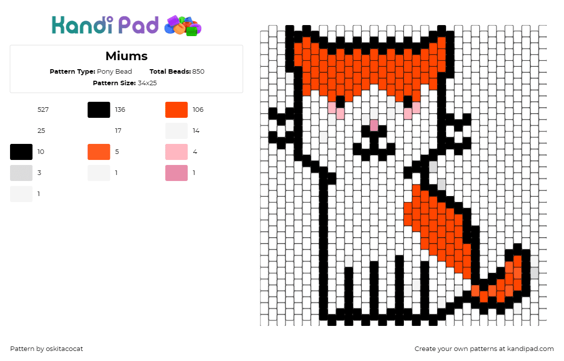 Miums - Pony Bead Pattern by oskitacocat on Kandi Pad - cat,kitty,pet,animal,cute,simple,orange,white