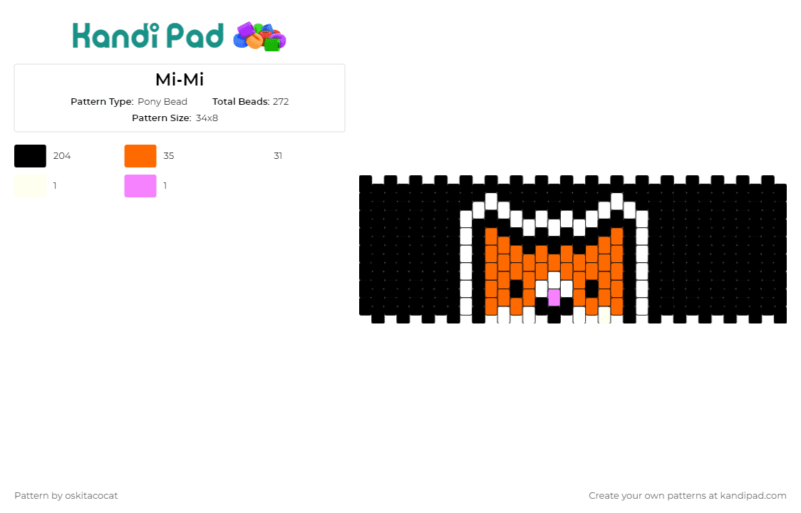 Mi-Mi - Pony Bead Pattern by oskitacocat on Kandi Pad - cat,cute,cuff,bracelet,kawaii,orange,white,black,playful,whimsical,pet,feline