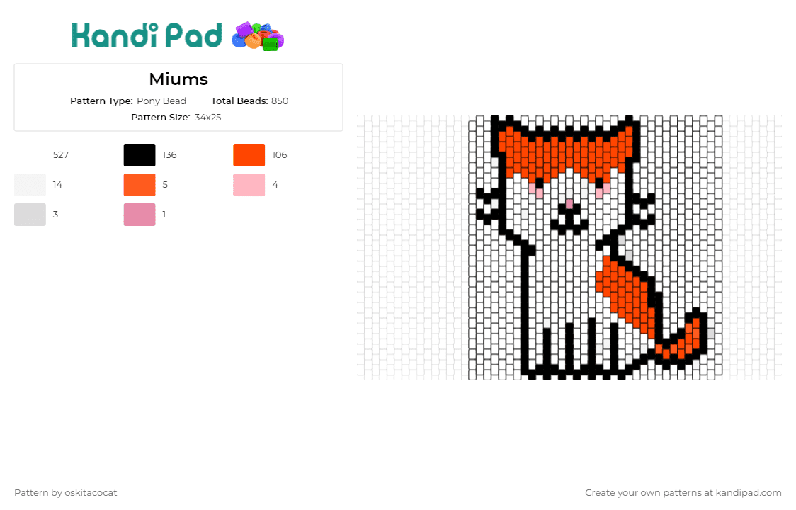 Miums - Pony Bead Pattern by oskitacocat on Kandi Pad - cat,kitty,pet,animal,cute,simple,orange,white