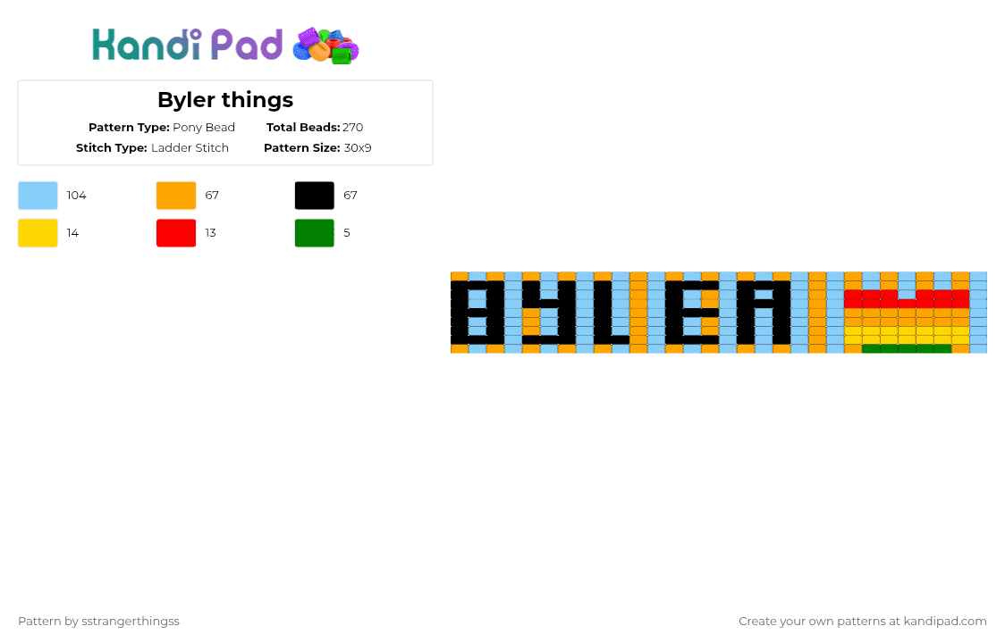 Byler things - Pony Bead Pattern by sstrangerthingss on Kandi Pad - orange,light blue