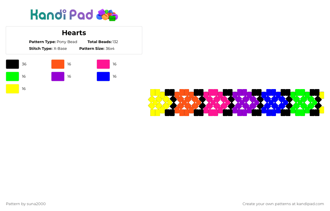 Hearts - Pony Bead Pattern by suna2000 on Kandi Pad - purple