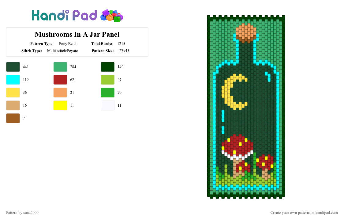 Mushrooms In A Jar Panel V2 - Pony Bead Pattern by suna2000 on Kandi Pad - black,green,light blue,mushrooms,jar,panel