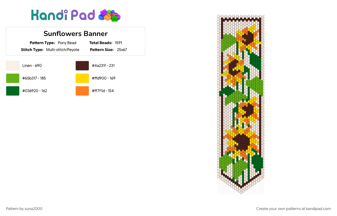 Sunflowers Banner - Pony Bead Pattern by suna2000 on Kandi Pad - banner, brown, green, sunflower, sunflowers