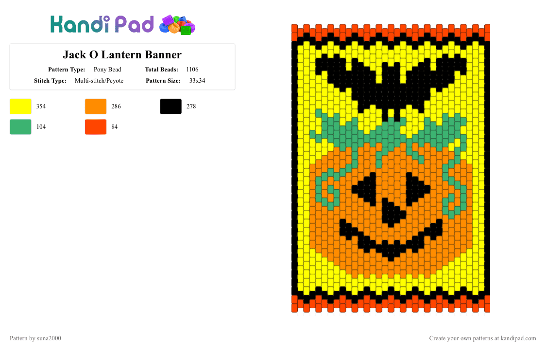Jack O Lantern Banner - Pony Bead Pattern by suna2000 on Kandi Pad - halloween, jackolantern, orange, pumpkin, yellow