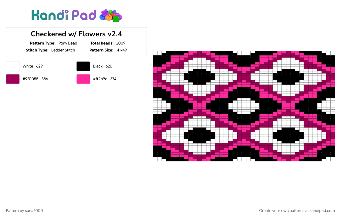 Checkered w/ Flowers v2.4 - Pony Bead Pattern by suna2000 on Kandi Pad - black, checkered, flowers, pink, white