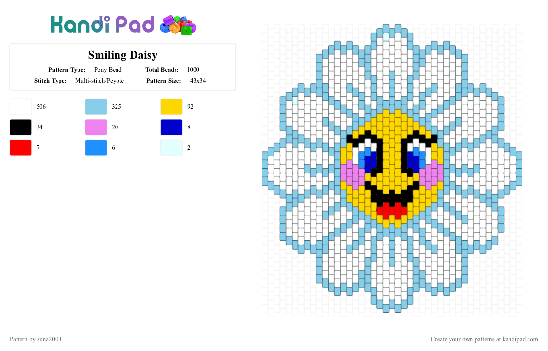 Smiling Daisy - Pony Bead Pattern by suna2000 on Kandi Pad - light blue, white, yellow
