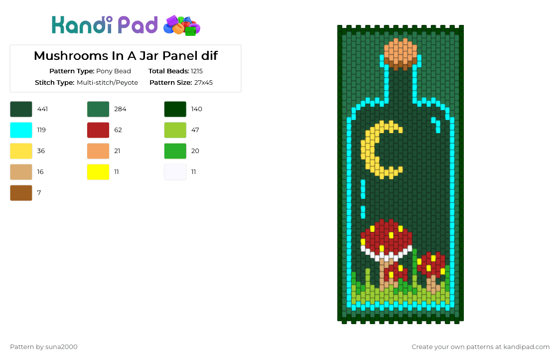 Mushrooms In A Jar Panel V3 - Pony Bead Pattern by suna2000 on Kandi Pad - black,green,light blue,mushrooms,jar,panel
