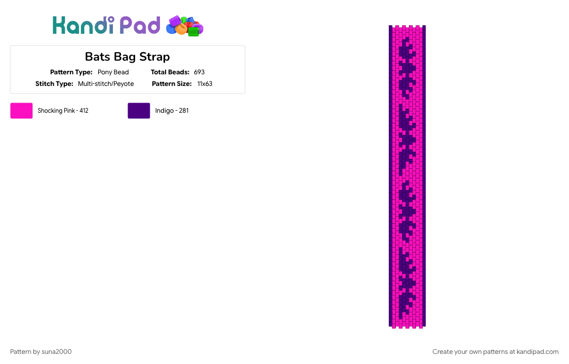 Bats Bag Strap - Pony Bead Pattern by suna2000 on Kandi Pad - bag, pink, purple, strap