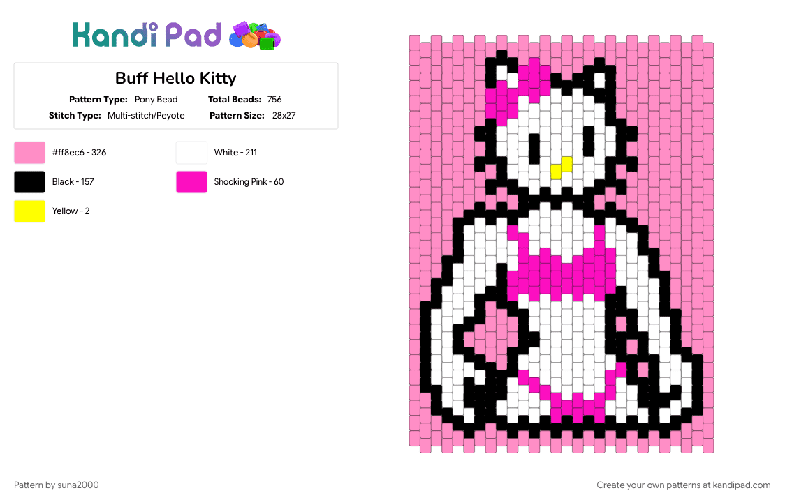 Buff Hello Kitty - Pony Bead Pattern by suna2000 on Kandi Pad - hello kitty, pink