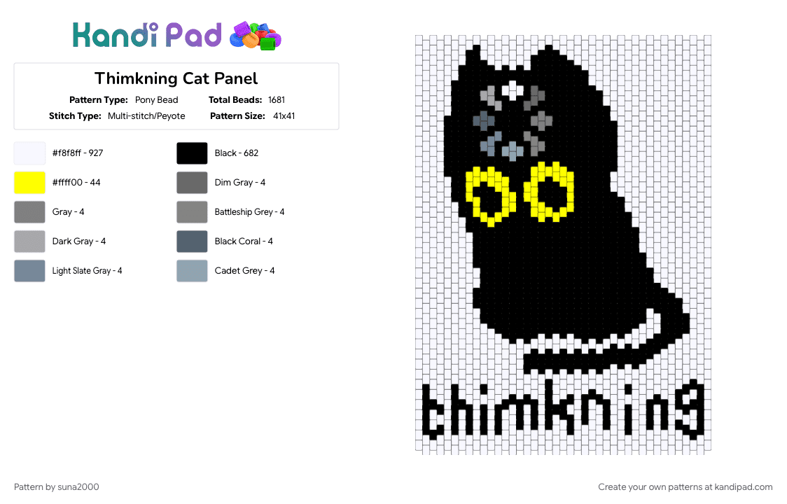 Thimkning Cat Panel - Pony Bead Pattern by suna2000 on Kandi Pad - cat, gray, panel, thinking, white, yellow