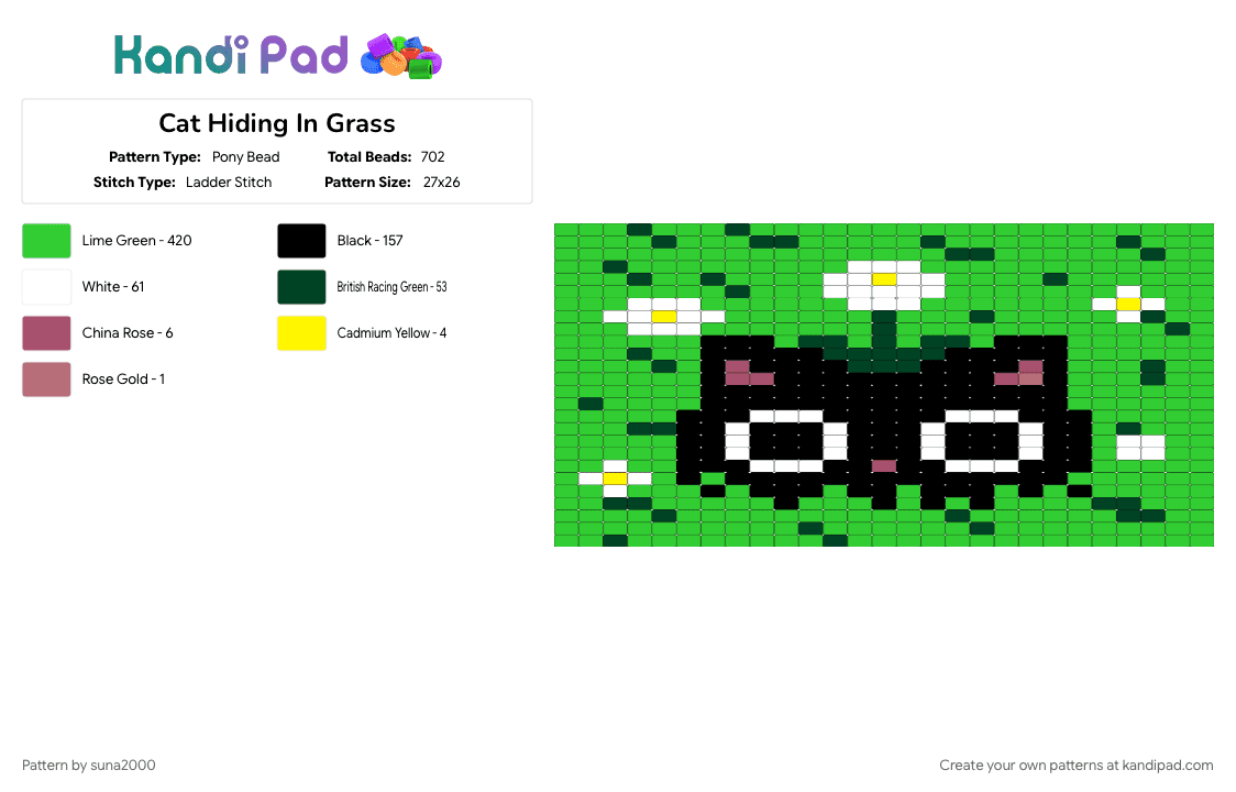Cat Hiding In Grass - Pony Bead Pattern by suna2000 on Kandi Pad - cat, green