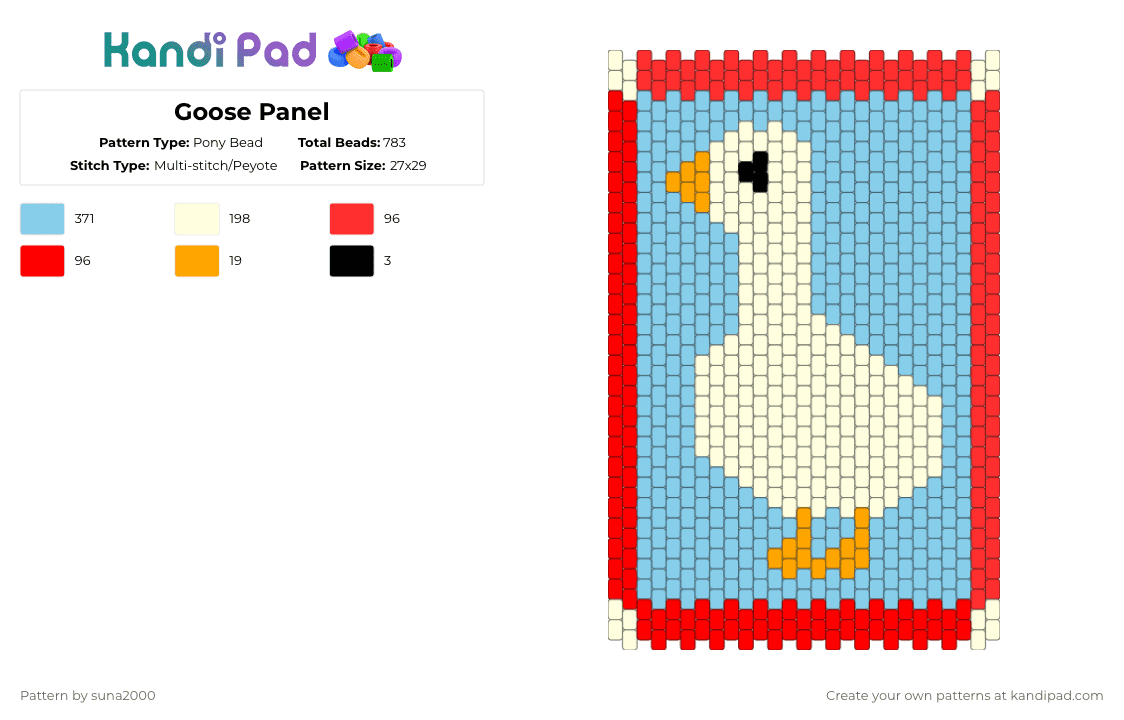 Goose Panel - Pony Bead Pattern by suna2000 on Kandi Pad - red,light blue,goose,animal,panel