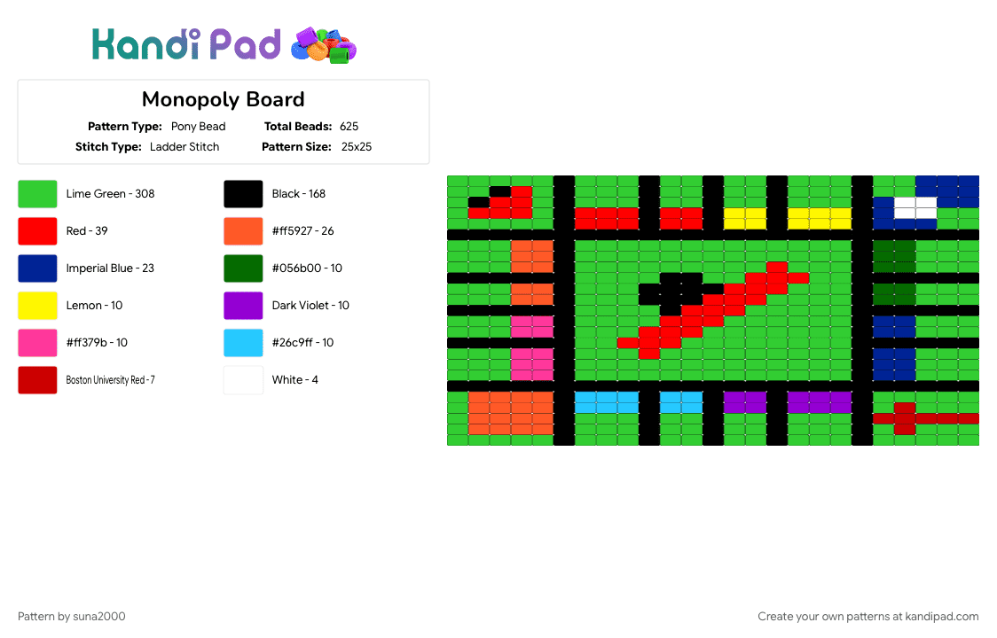 Small Moopoly Monopoly Board Pony Bead Pattern - Kandi Pad | Kandi Patterns, Fuse ...