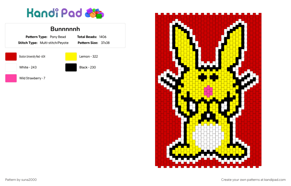 It’s Happy Bunny Medium Panel - Pony Bead Pattern by suna2000 on Kandi Pad - red, yellow